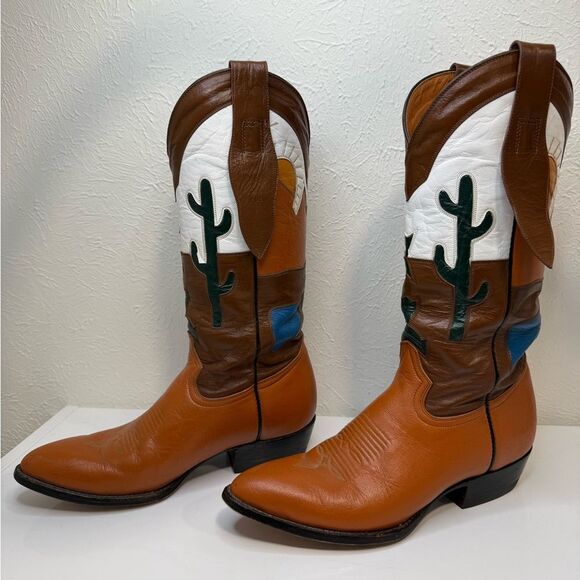Vintage Montana Boots Cactus Western Horizon Scene, RARE, Brown Tan White, 7B - Picture 1 of 7